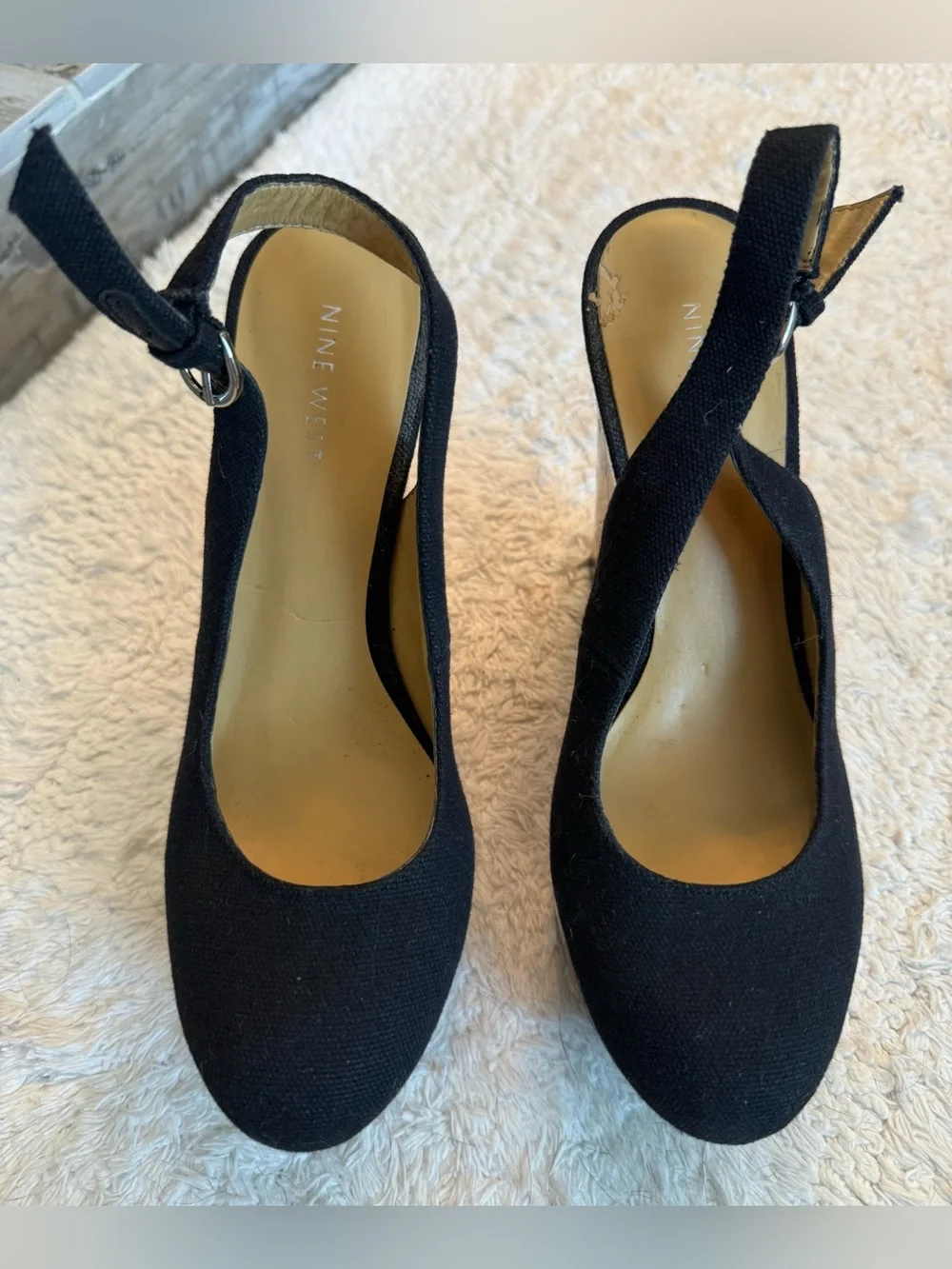 Nine West Black Fabric Slingback Wedges with Cork Stripe Platform